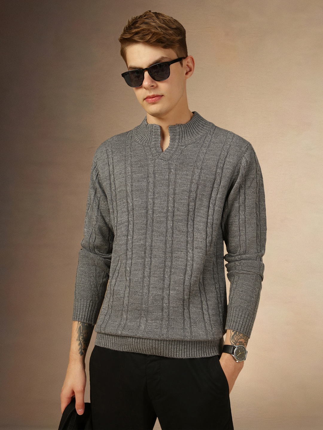 

Dennis Lingo Striped Self Design Mock Collar Slim Fit Pure Acrylic Pullover Sweater, Grey