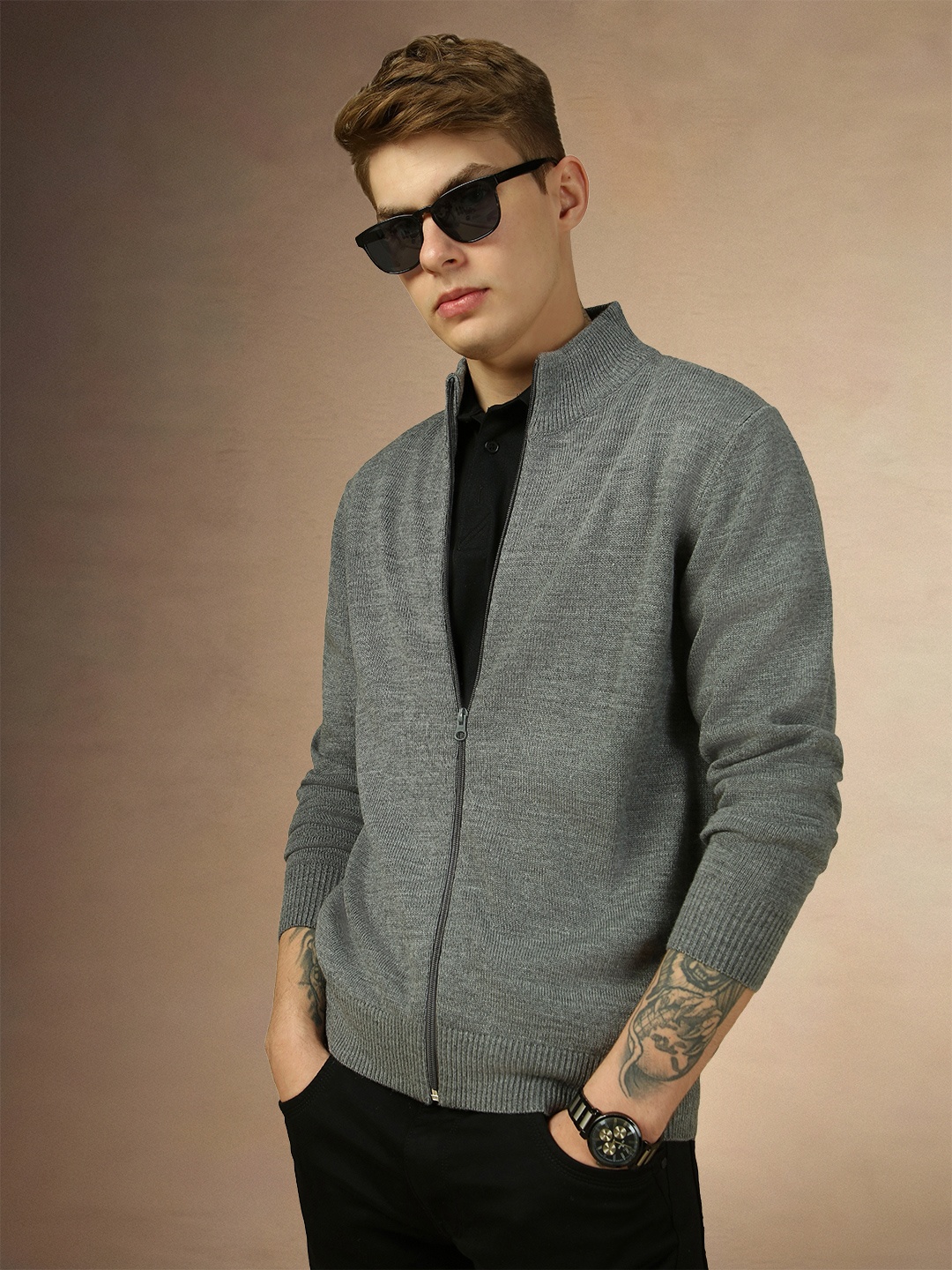 

Dennis Lingo Mock Collar Acrylic Front Open Sweater, Grey