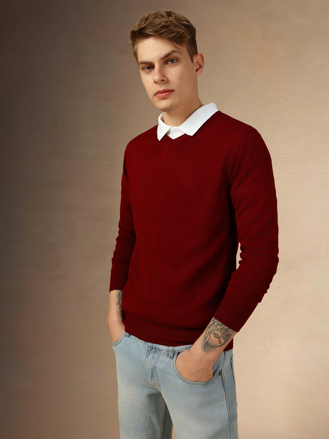 

Dennis Lingo V-Neck Long Sleeves Slim Fit Ribbed Pure Acrylic Pullover Sweater, Maroon