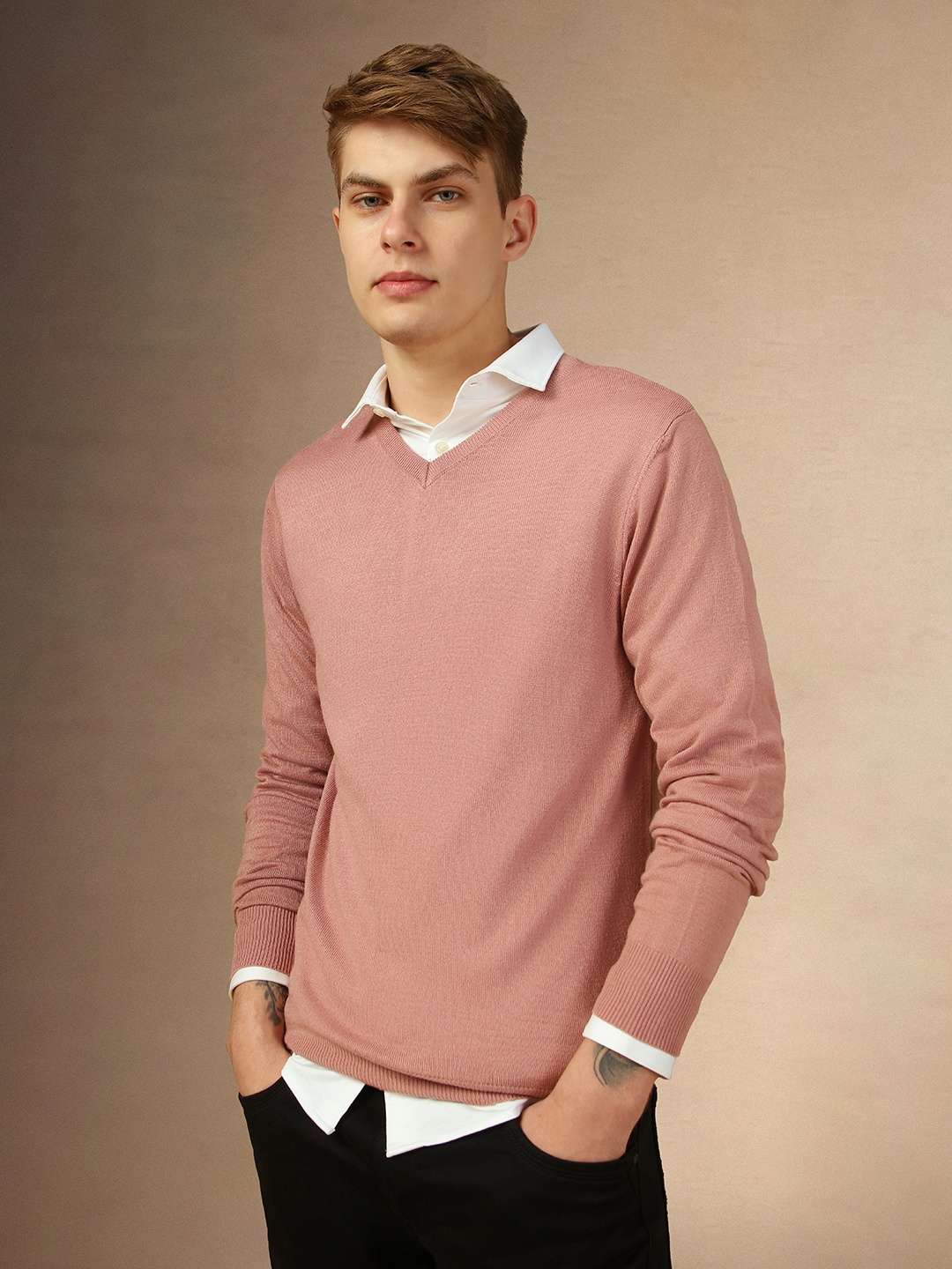 

Dennis Lingo V-Neck Long Sleeves Slim Fit Ribbed Pure Acrylic Pullover Sweater, Pink
