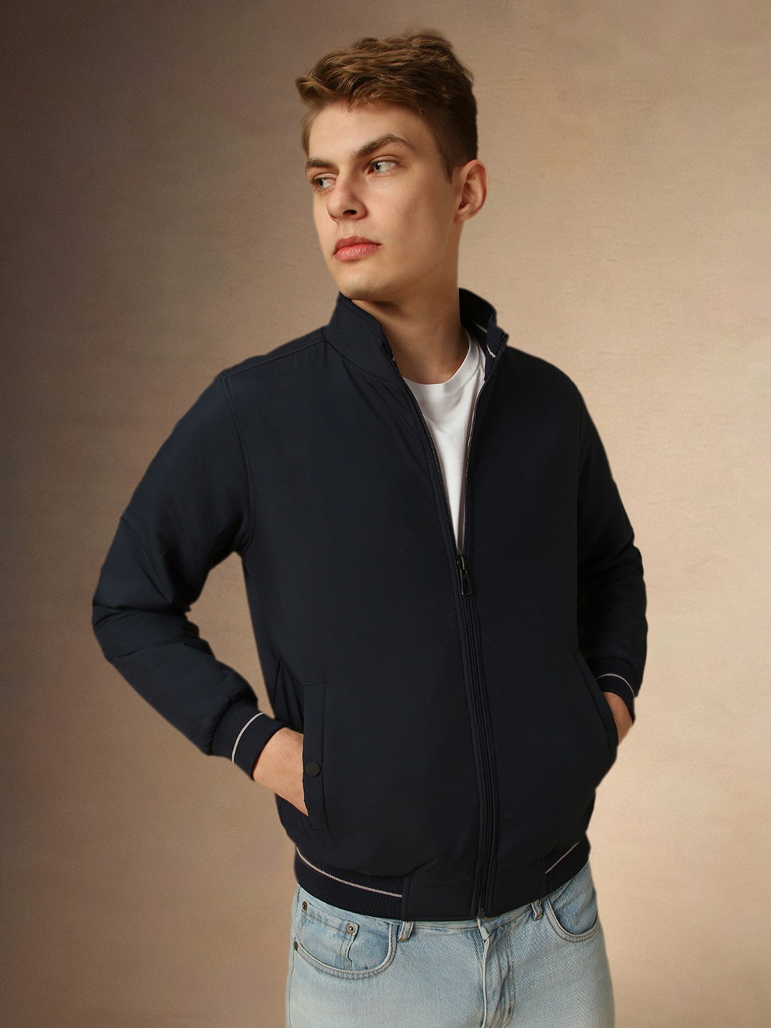 

Dennis Lingo Long Sleeves Mock Collar Reversible Padded Jacket, Navy blue