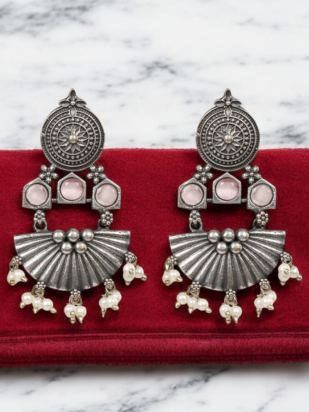 

VIVAZS Silver-Plated Stone Studded & Beaded Crescent Shaped Oxidised Chandbalis