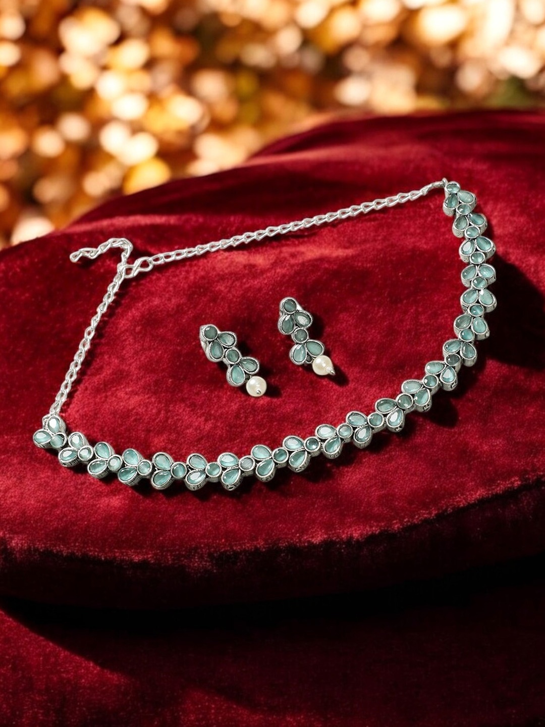 

VIVAZS Brass-Plated Stone Studded Oxidized Jewellery Set, Silver