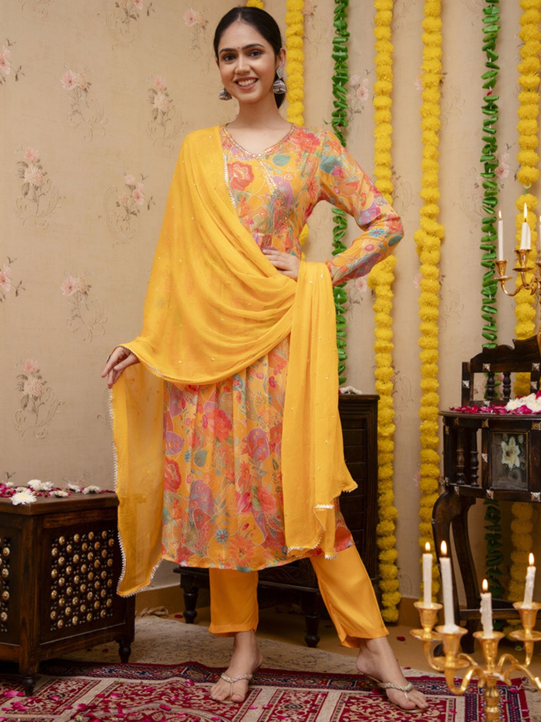 

VASVI Floral Embroidered Regular Beads and Stones A-Line Kurta with Palazzos & Dupatta, Mustard