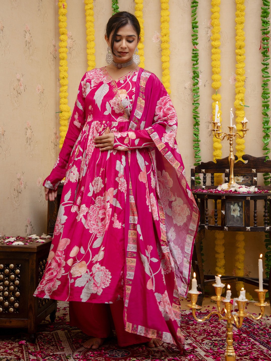 

VASVI Floral Embroidered Regular Silk Crepe A-Line Kurta with Palazzos & Dupatta, Rose