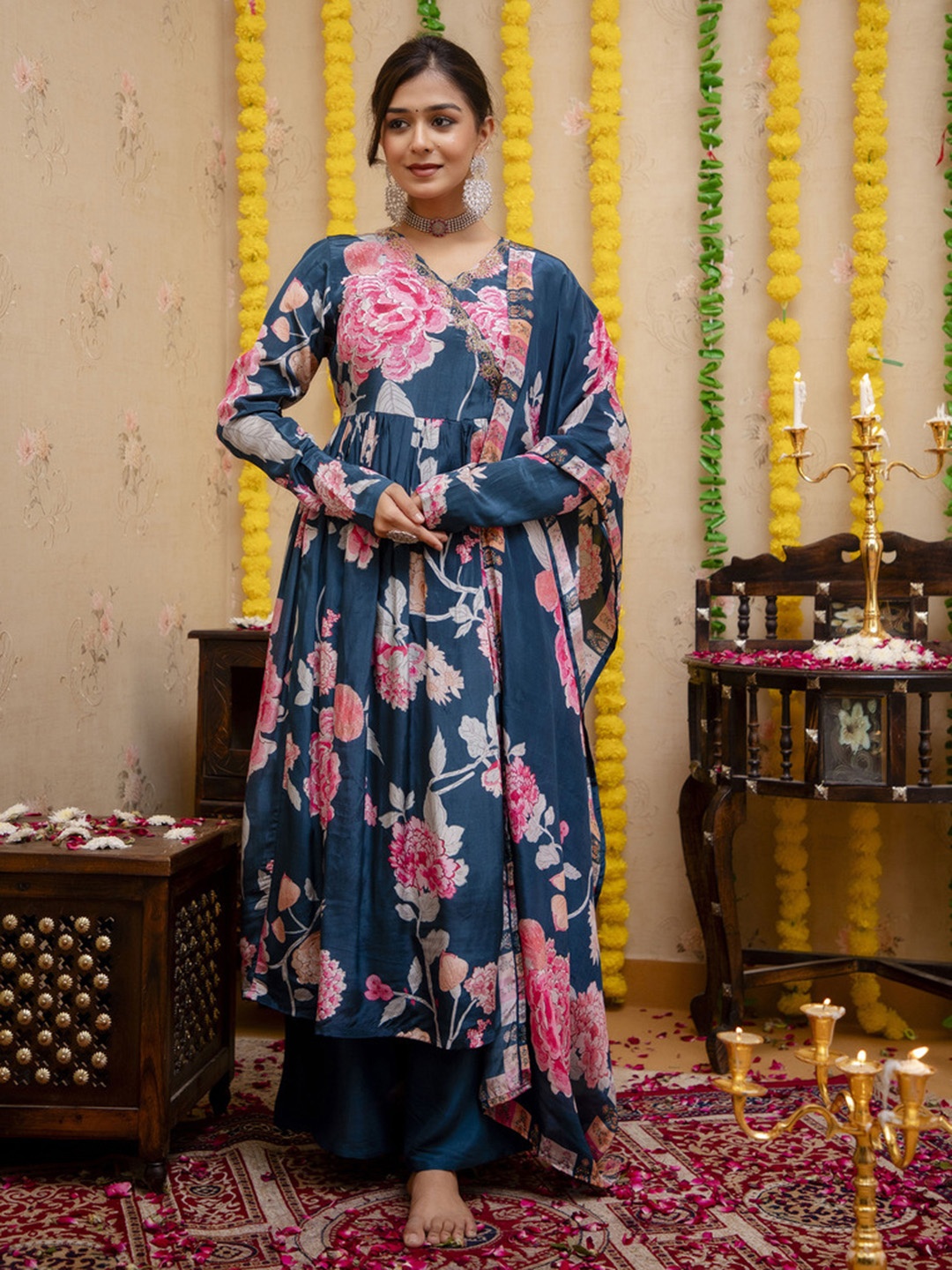 

VASVI Floral Embroidered Regular Silk Crepe A-Line Kurta with Palazzos & Dupatta, Blue