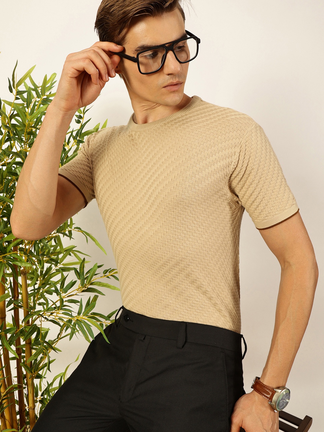 

Thomas Scott Men Knit Textured Round Neck T-shirt, Beige