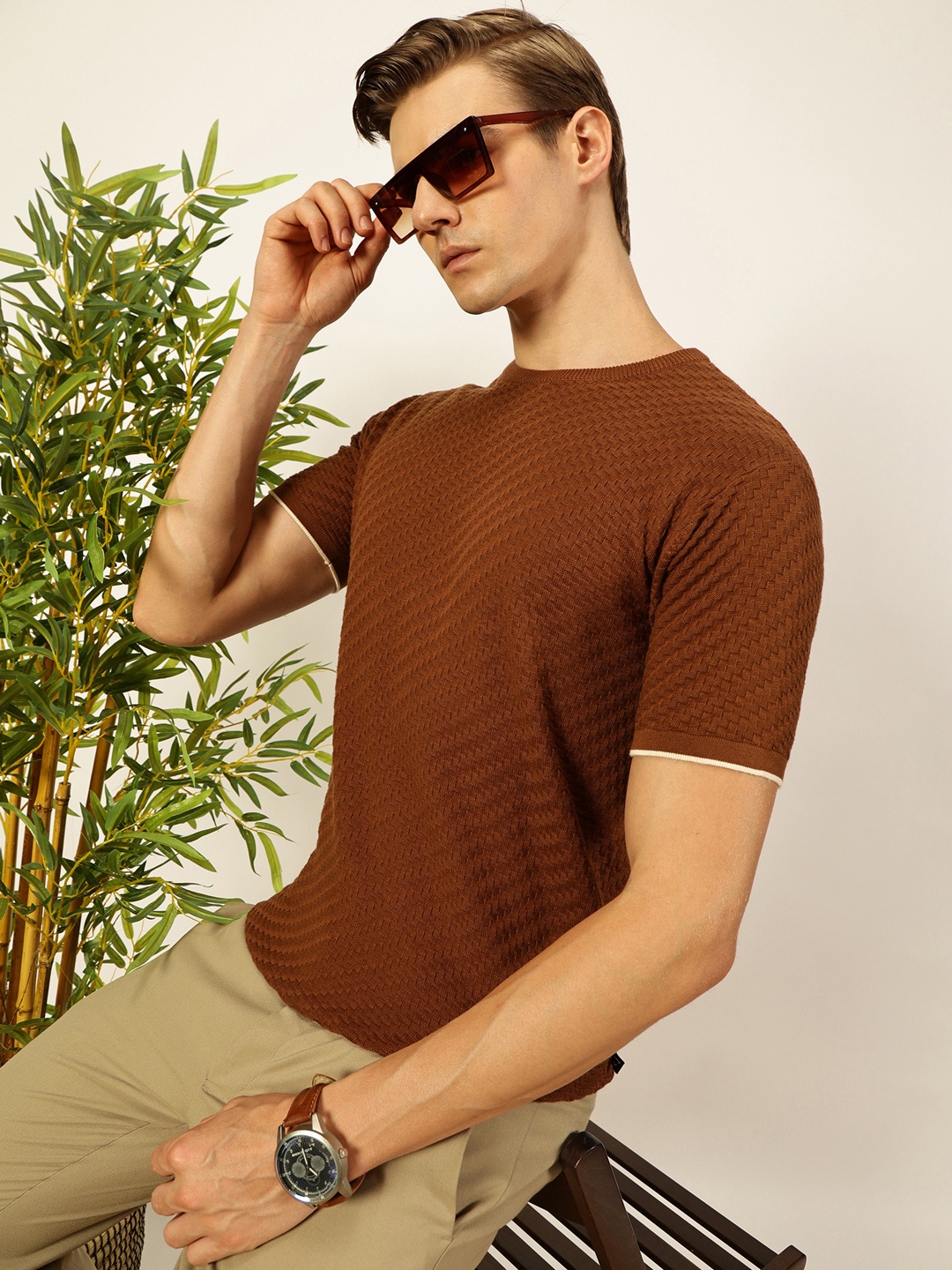 

Thomas Scott Men Knit Textured Round Neck T-shirt, Brown