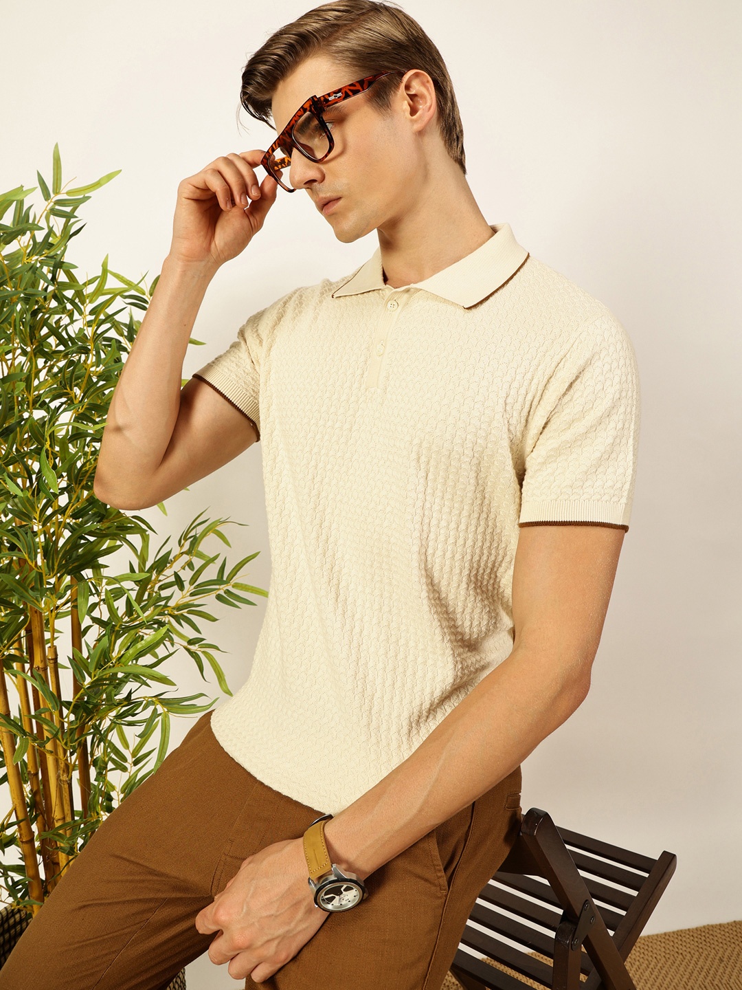 

Thomas Scott Men Self Design Regular Fit Knitted Polo T-shirt, Off white