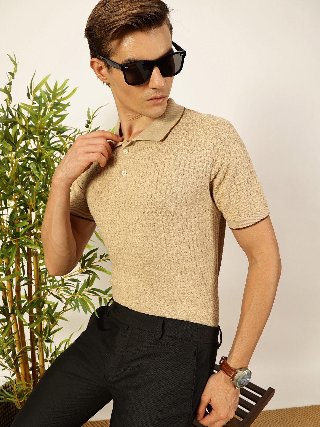 

Thomas Scott Men Self Design Regular Fit Knitted Polo T-shirt, Beige