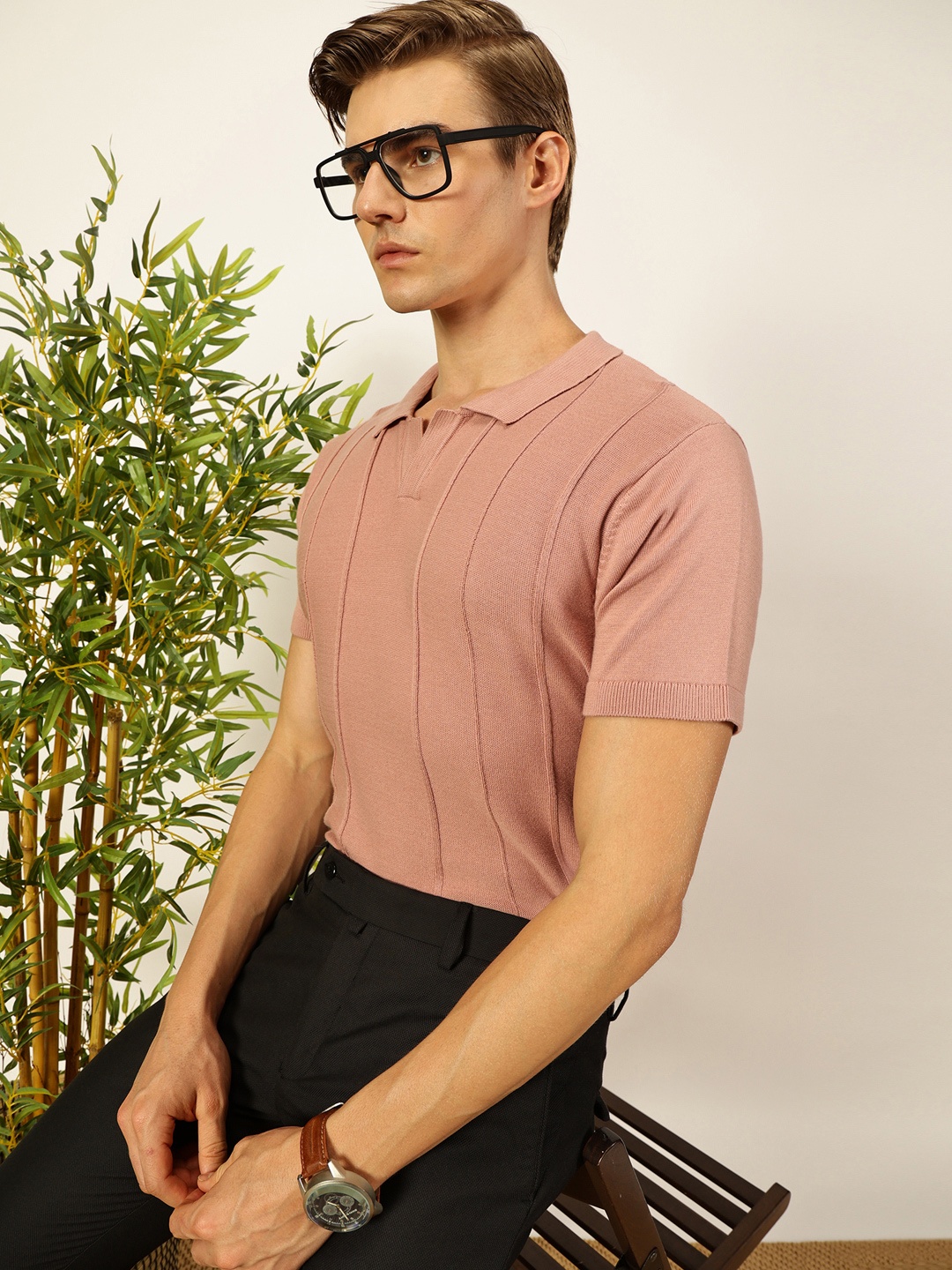 

Thomas Scott Men Knit Striped Polo Collar T-shirt, Pink