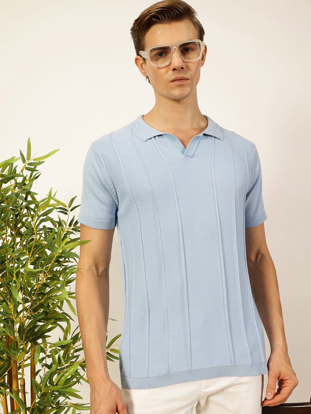 

Thomas Scott Men Knit Striped Polo Collar T-shirt, Blue
