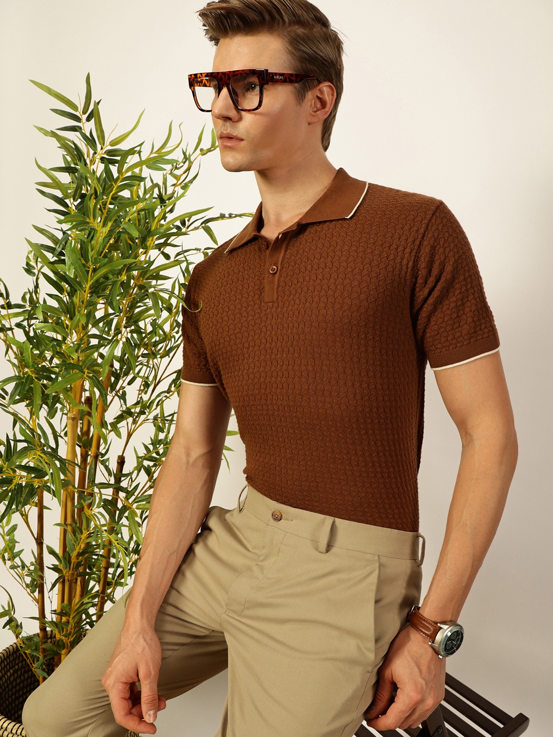 

Thomas Scott Men Self Design Regular Fit Knitted Polo T-shirt, Brown