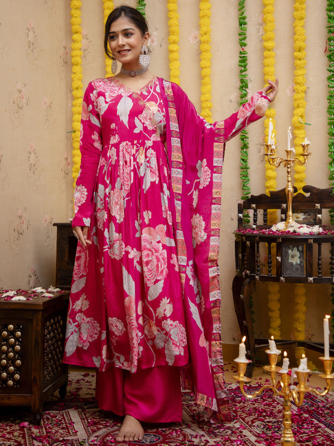 

Chandbaali Floral Embroidered Regular Silk Crepe Anarkali Kurta with Palazzos & Dupatta, Rose