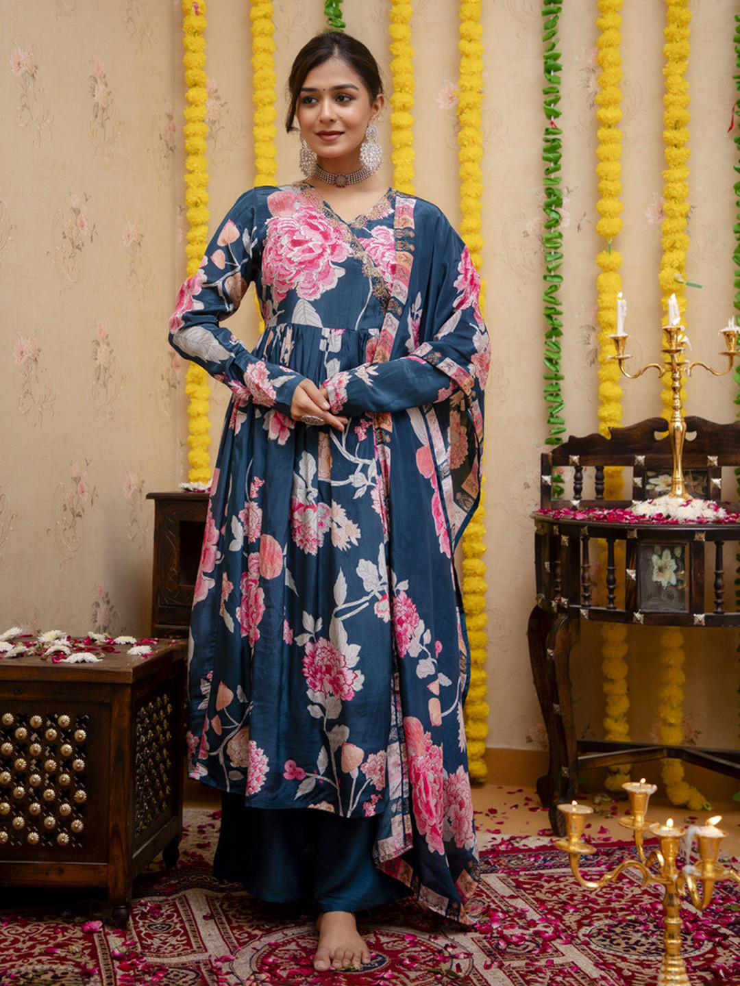 

Chandbaali Floral Embroidered Regular Silk Crepe A-Line Kurta with Palazzos & Dupatta, Blue