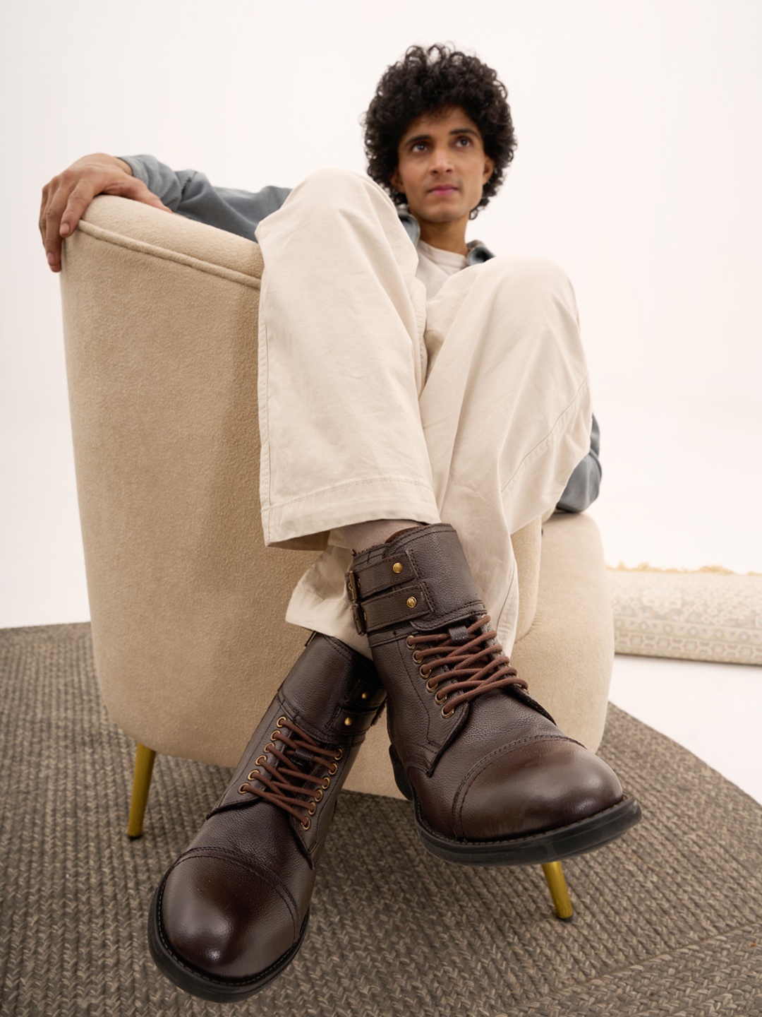 

FAUSTO Men Round Toe Mid-Top Leather Winter Boots, Brown