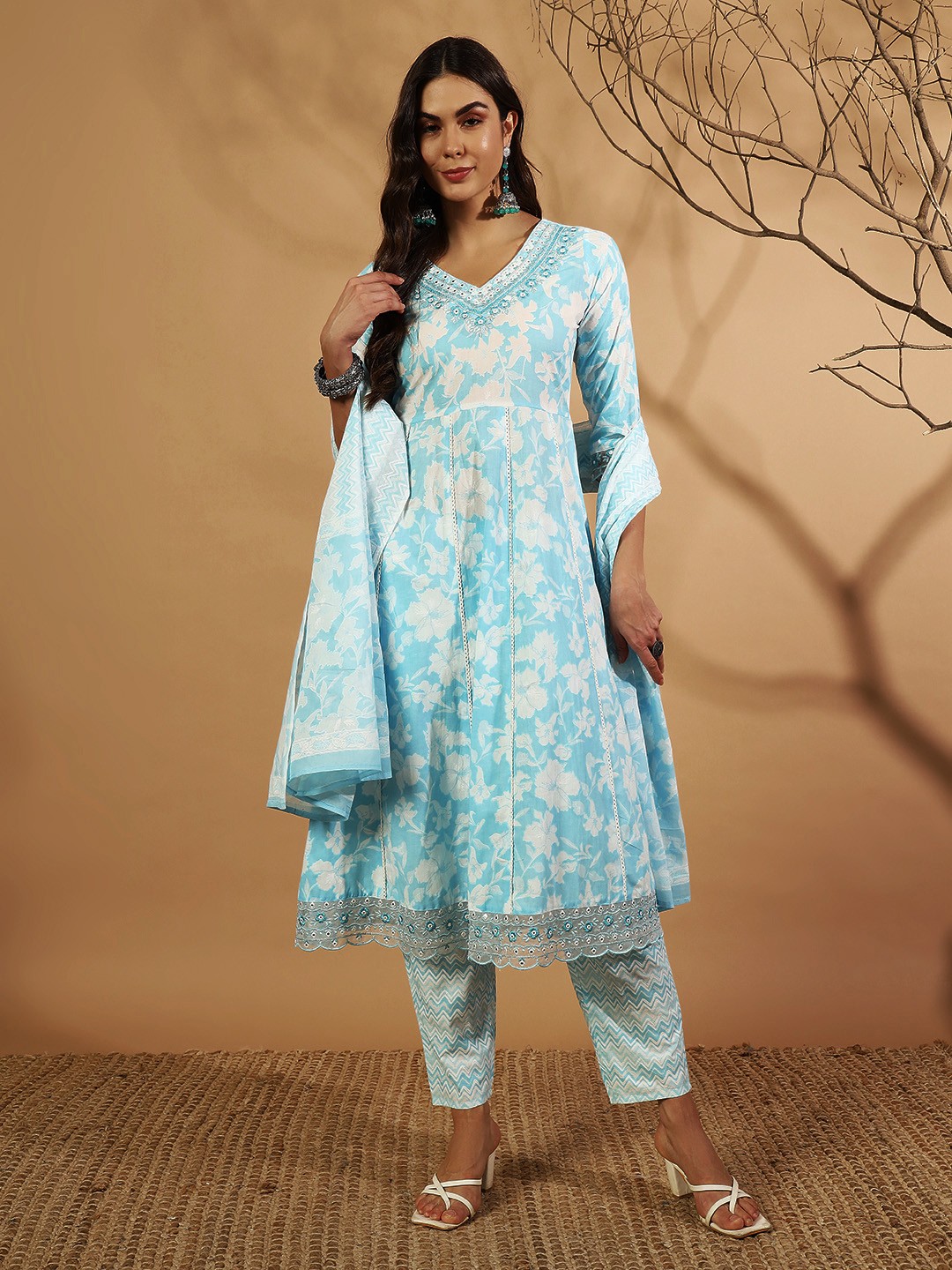 

IkDaiya Floral Printed Mirror Work V-Neck Pure Cotton Anarkali Kurta & Trouser & Dupatta, Blue
