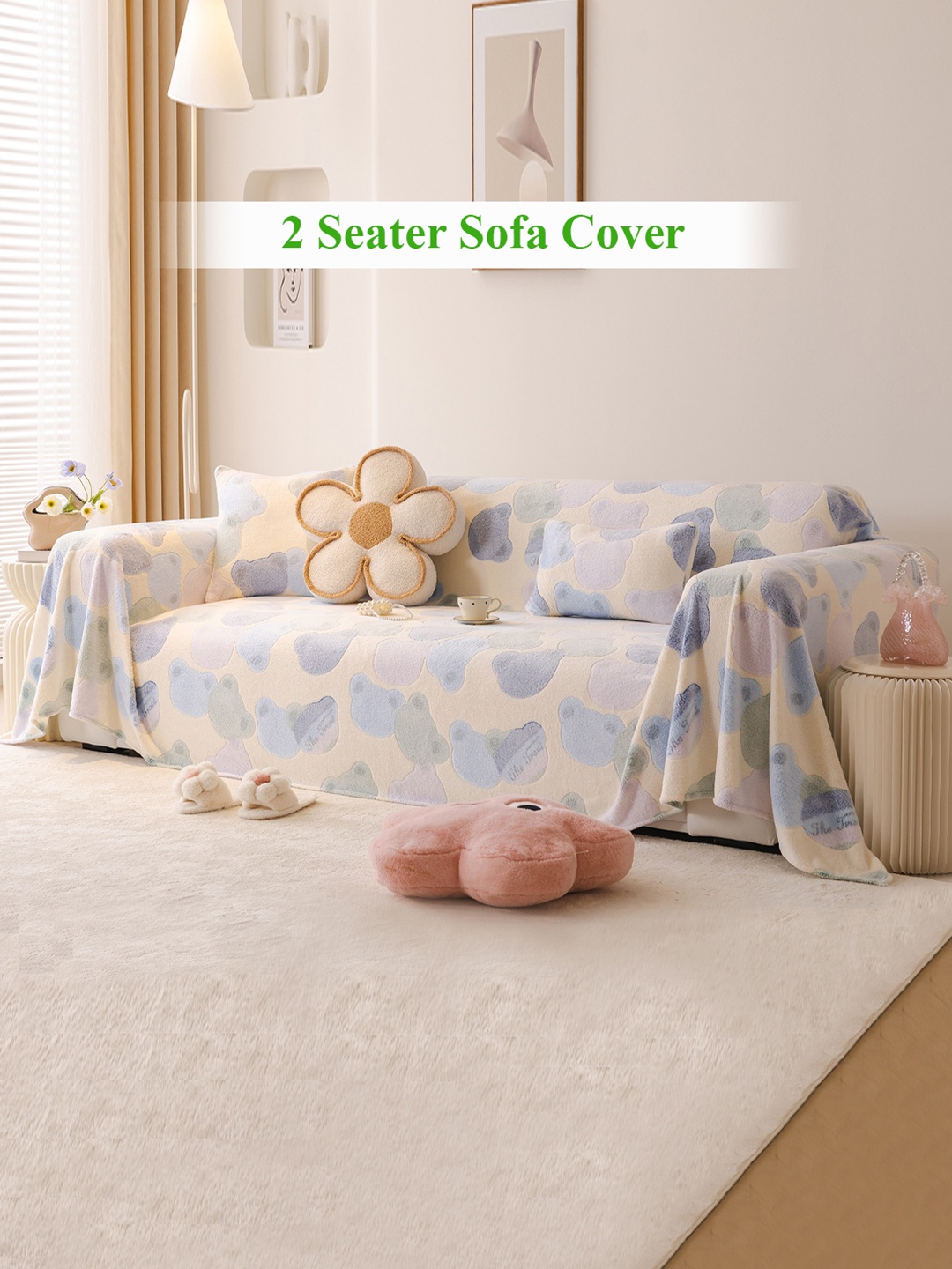 

HOKIPO Phil Blue Bear Soft and Cozy Fully Covered 2 Seater Sofa Blanket Throw