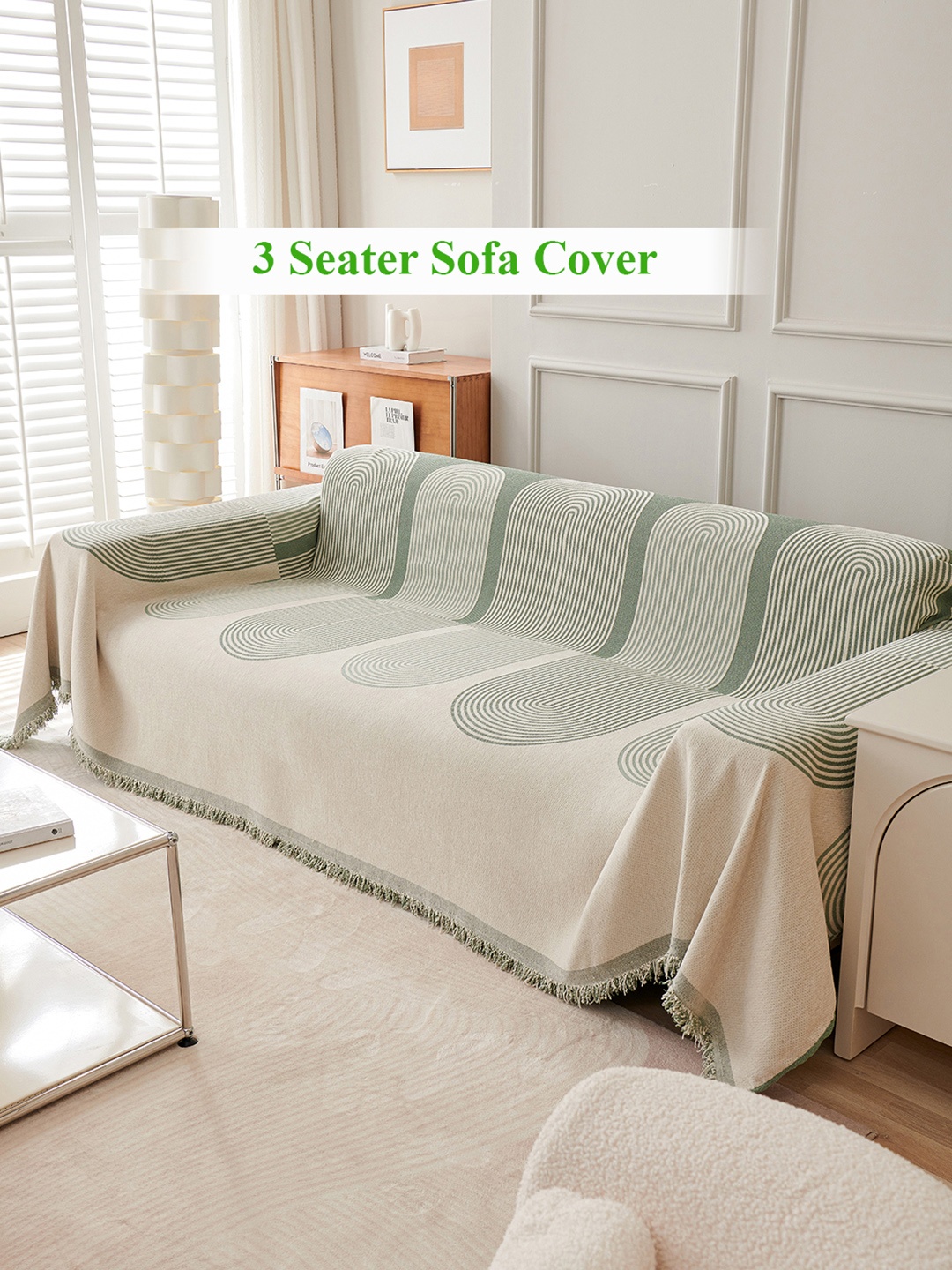 

HOKIPO Green & Cream-Coloured Printed Chenille 3 Seater Sofa Throws