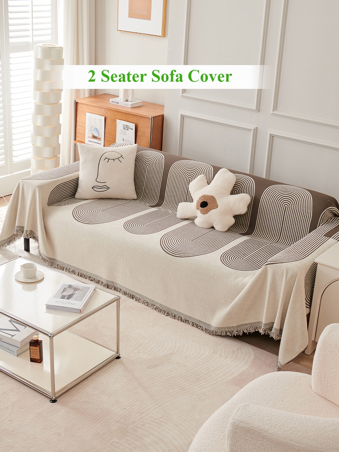 

HOKIPO Coffee Brown & Beige Chenille 2 Seater Sofa Cover Throw