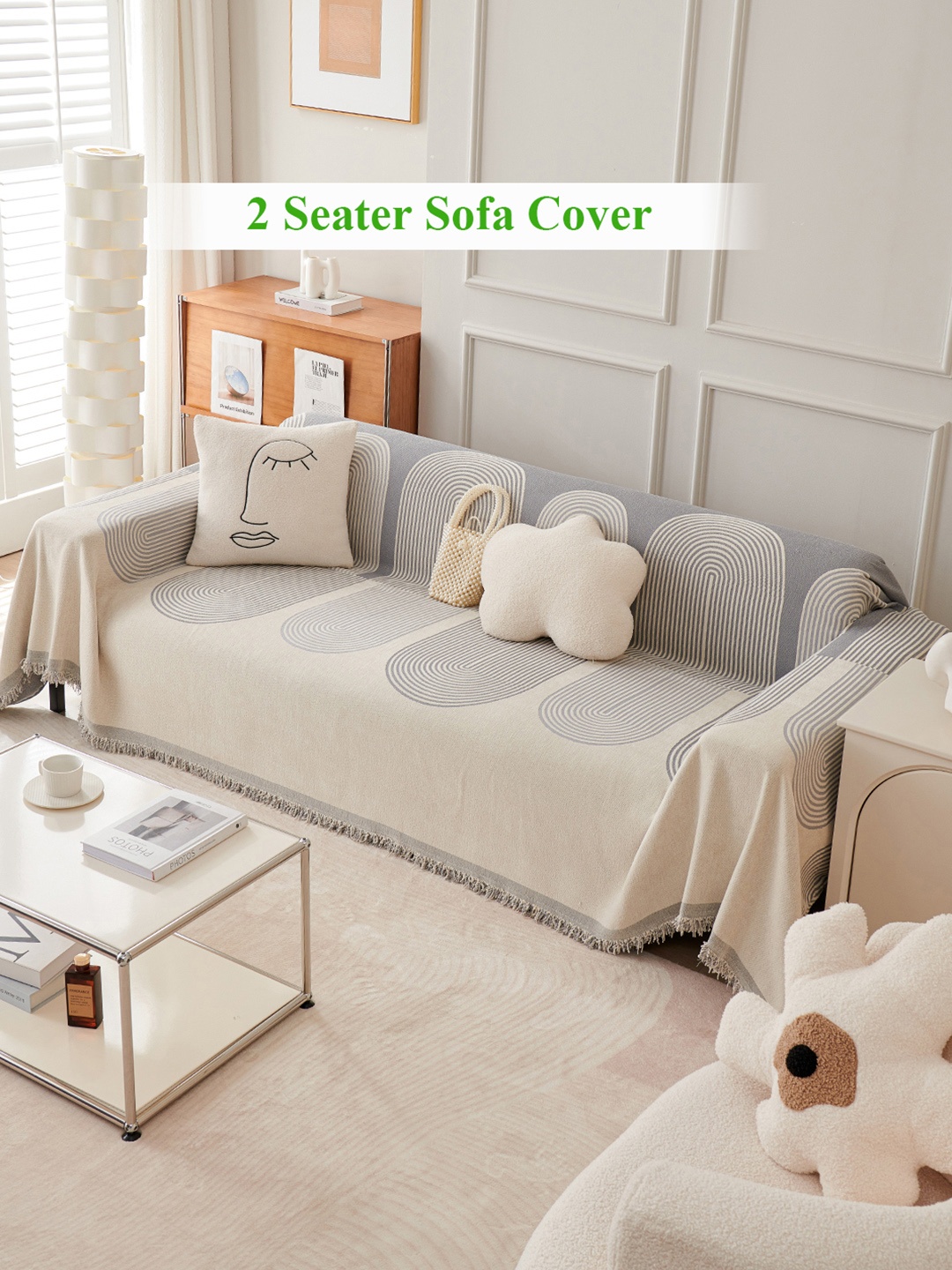

HOKIPO Grey & Cream-Coloured Printed Chenille 2 Seater Sofa Throws
