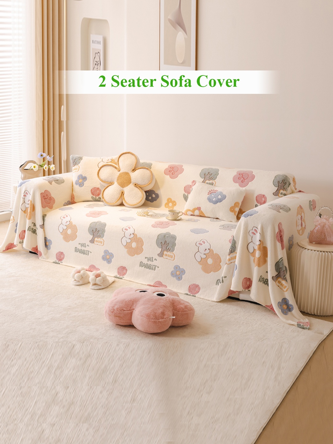 

HOKIPO Cream-Coloured & Blue Bunny Rabbit Printed Acrylic 2 Seater Sofa Throw Blanket
