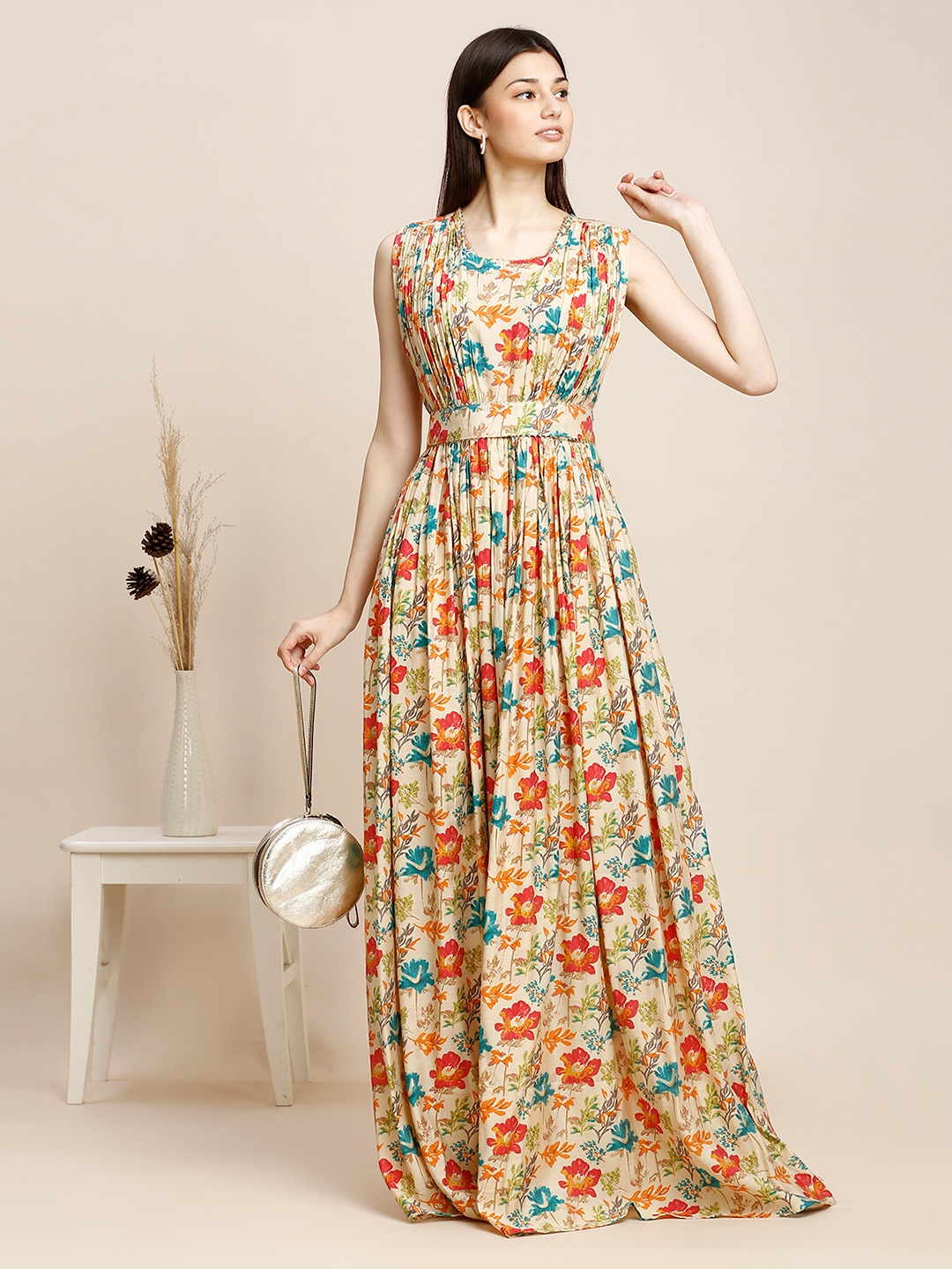 

MADHURAM Floral Print Maxi Dress, Cream