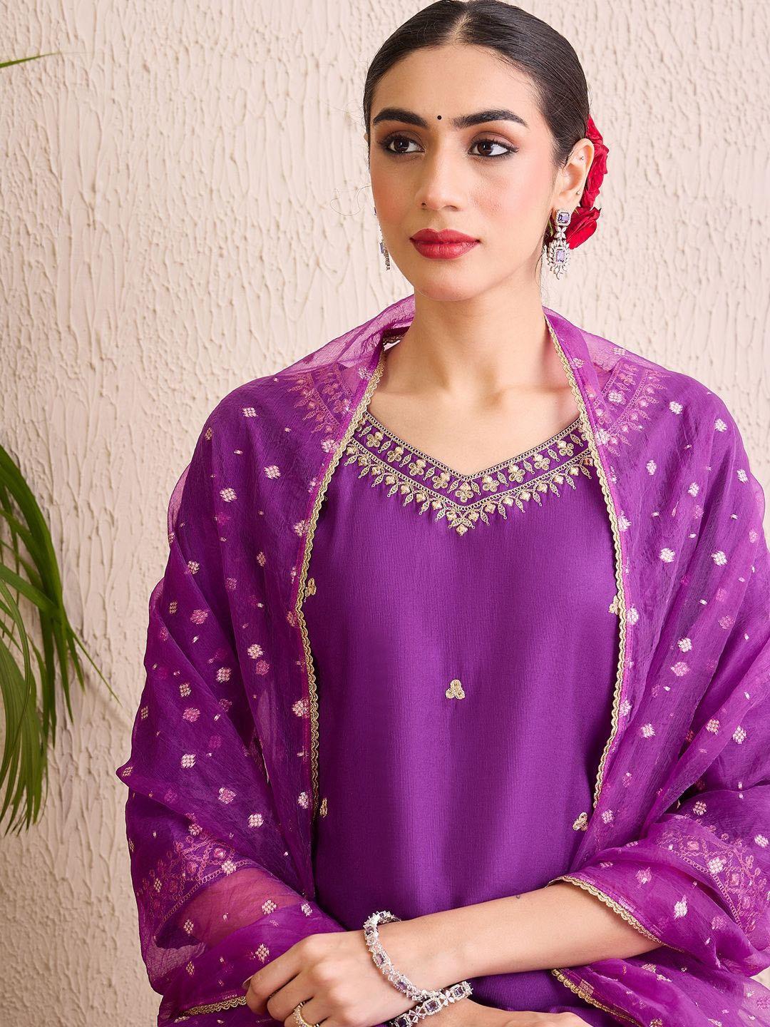 

Indo Era Women Ethnic Motifs Embroidered Regular Liva Kurta with Sharara & With Dupatta, Purple