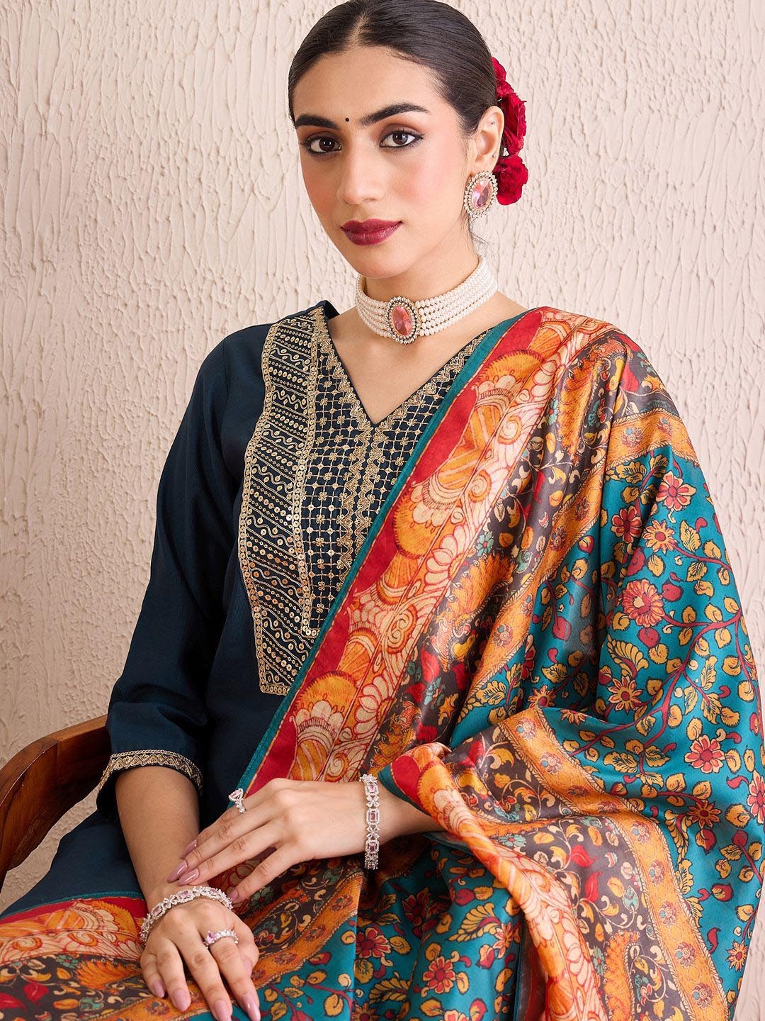 

Indo Era Women Yoke Design Regular Liva Kurta with Trousers & With Dupatta, Teal