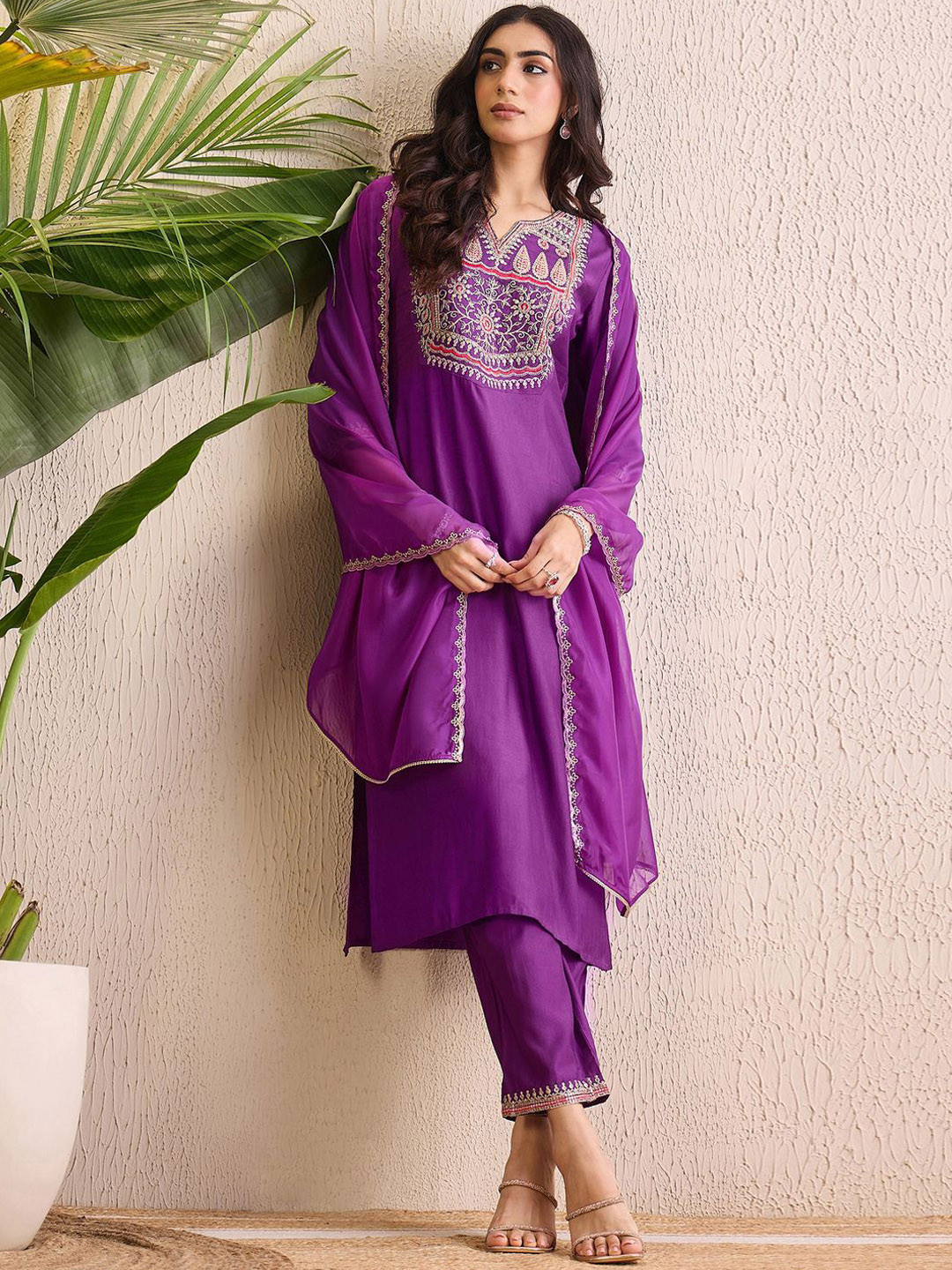 

Indo Era Women Ethnic Motifs Yoke Design Regular Liva Kurta with Trousers & With Dupatta, Purple