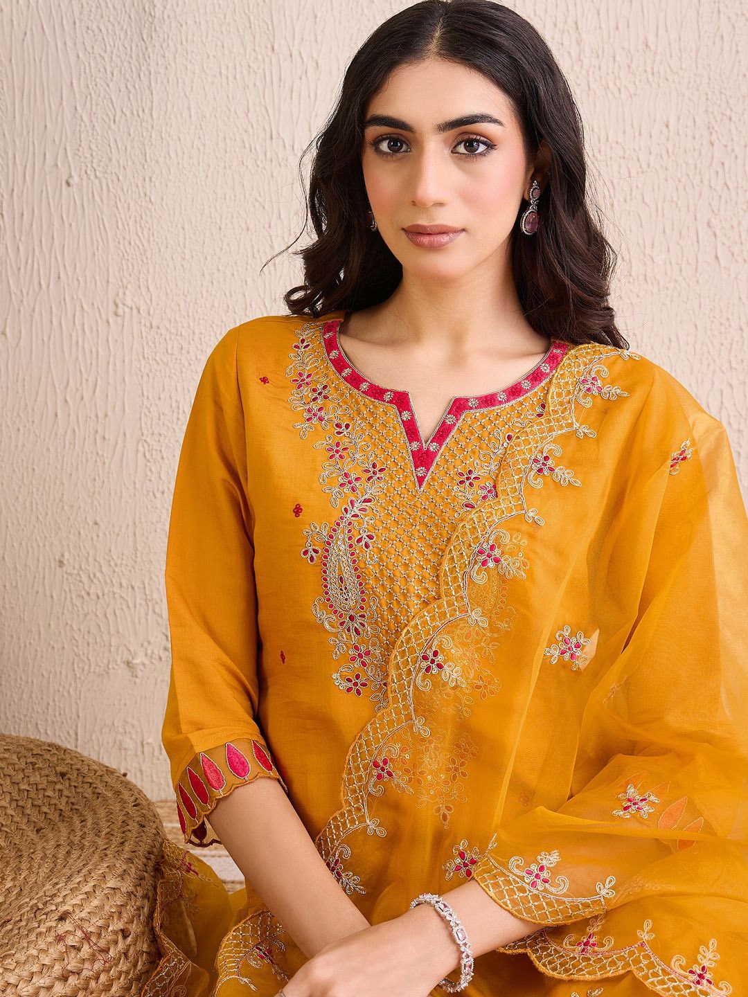 

Indo Era Women Ethnic Motifs Embroidered Regular Gotta Patti Kurta with Trousers & With Dupatta, Mustard