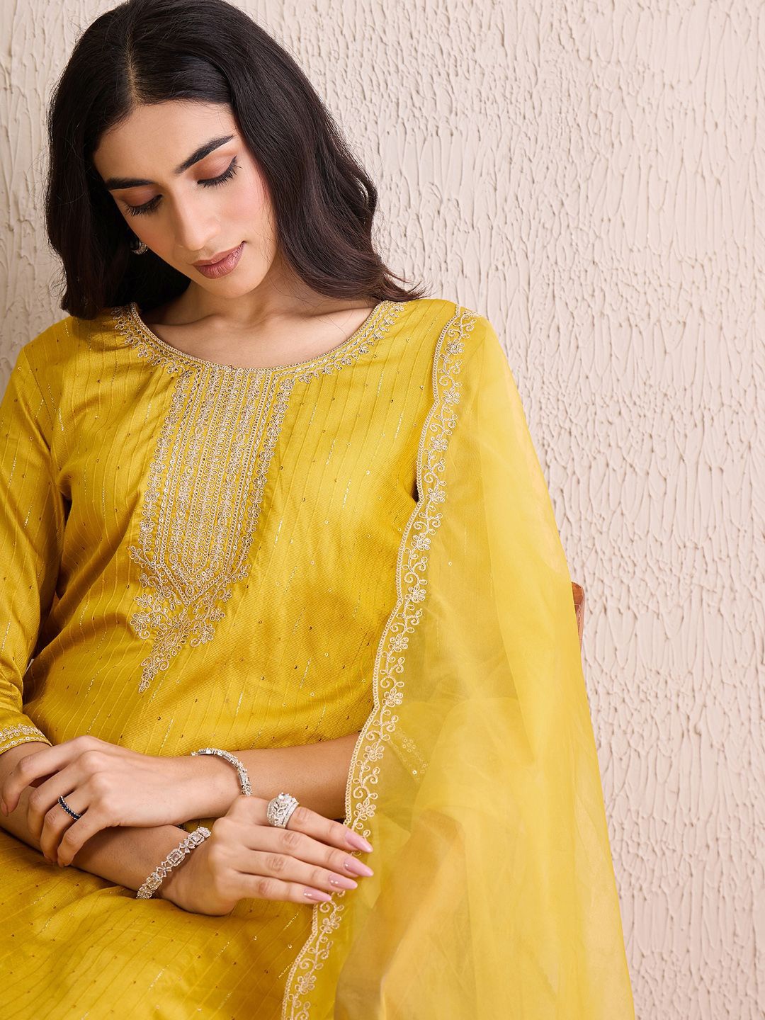 

Indo Era Women Embroidered Regular Sequinned Liva Kurta with Trousers & With Dupatta, Yellow