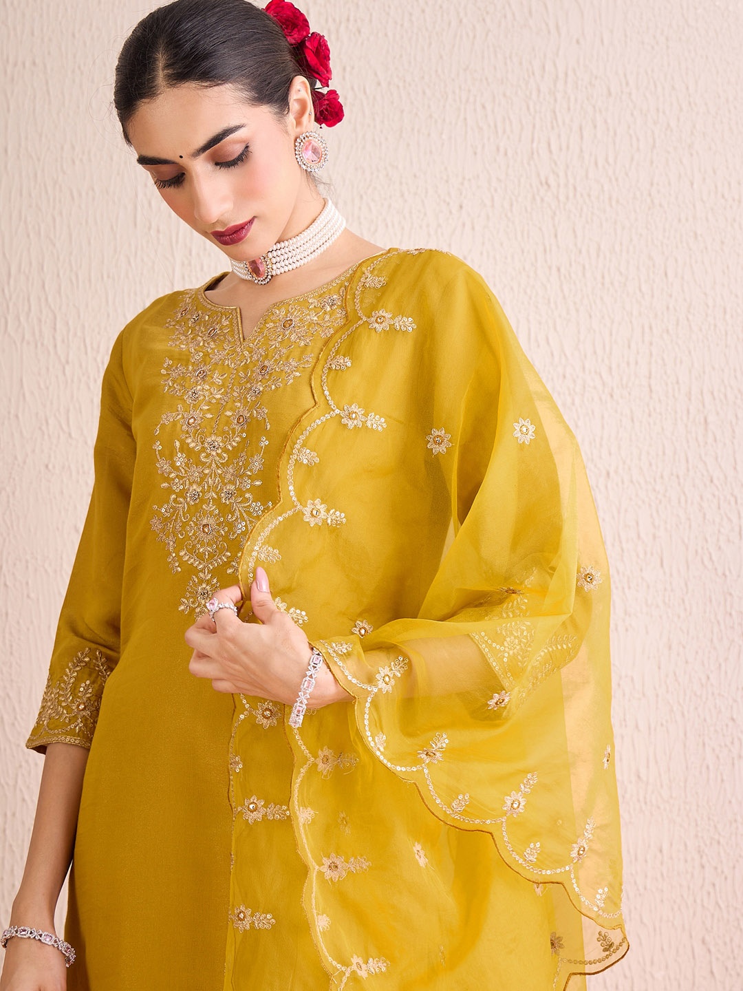 

Indo Era Women Ethnic Motifs Embroidered Regular Gotta Patti Kurta with Trousers & With Dupatta, Mustard