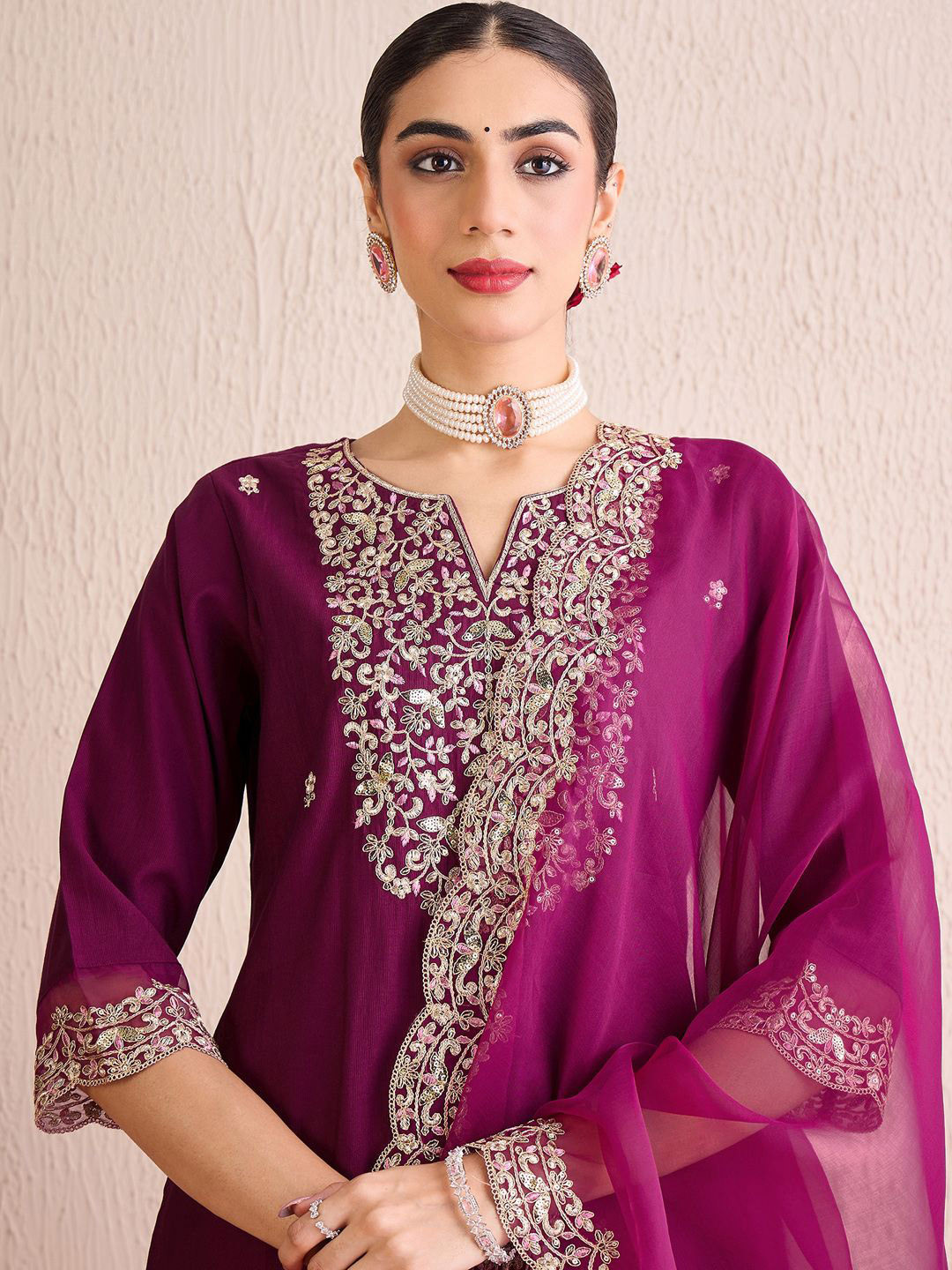 

Indo Era Women Floral Embroidered Regular Sequinned Liva Kurta with Trousers & With Dupatta, Purple