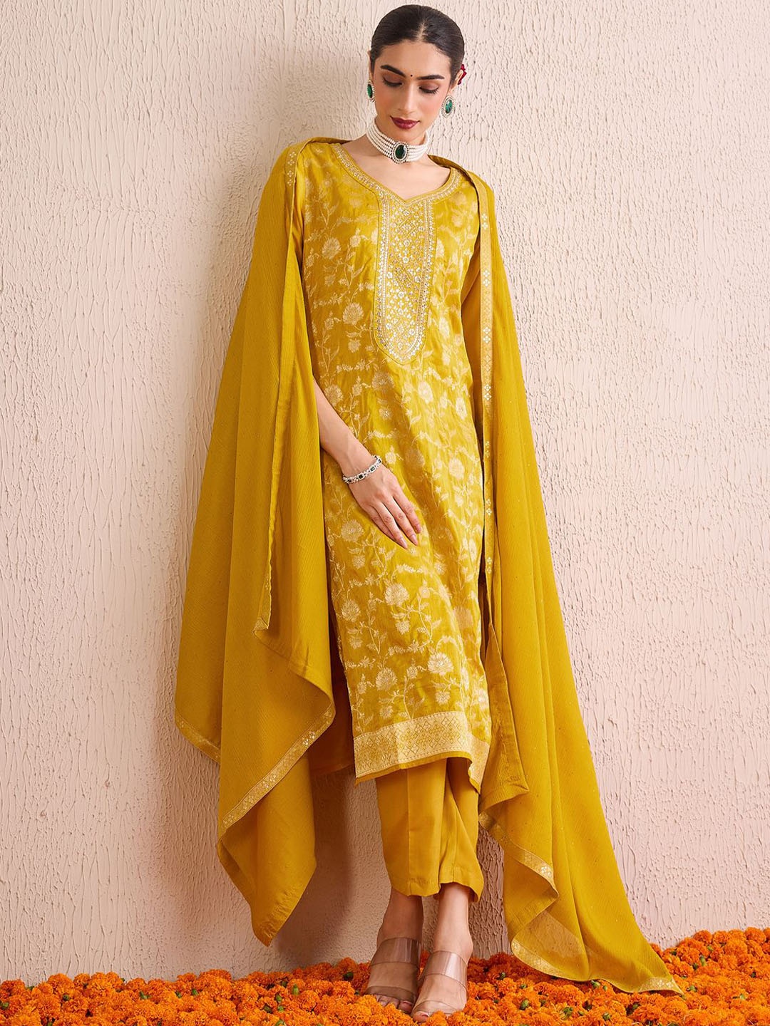 

Indo Era Women Floral Embroidered Regular Kurta with Trousers & With Dupatta, Yellow