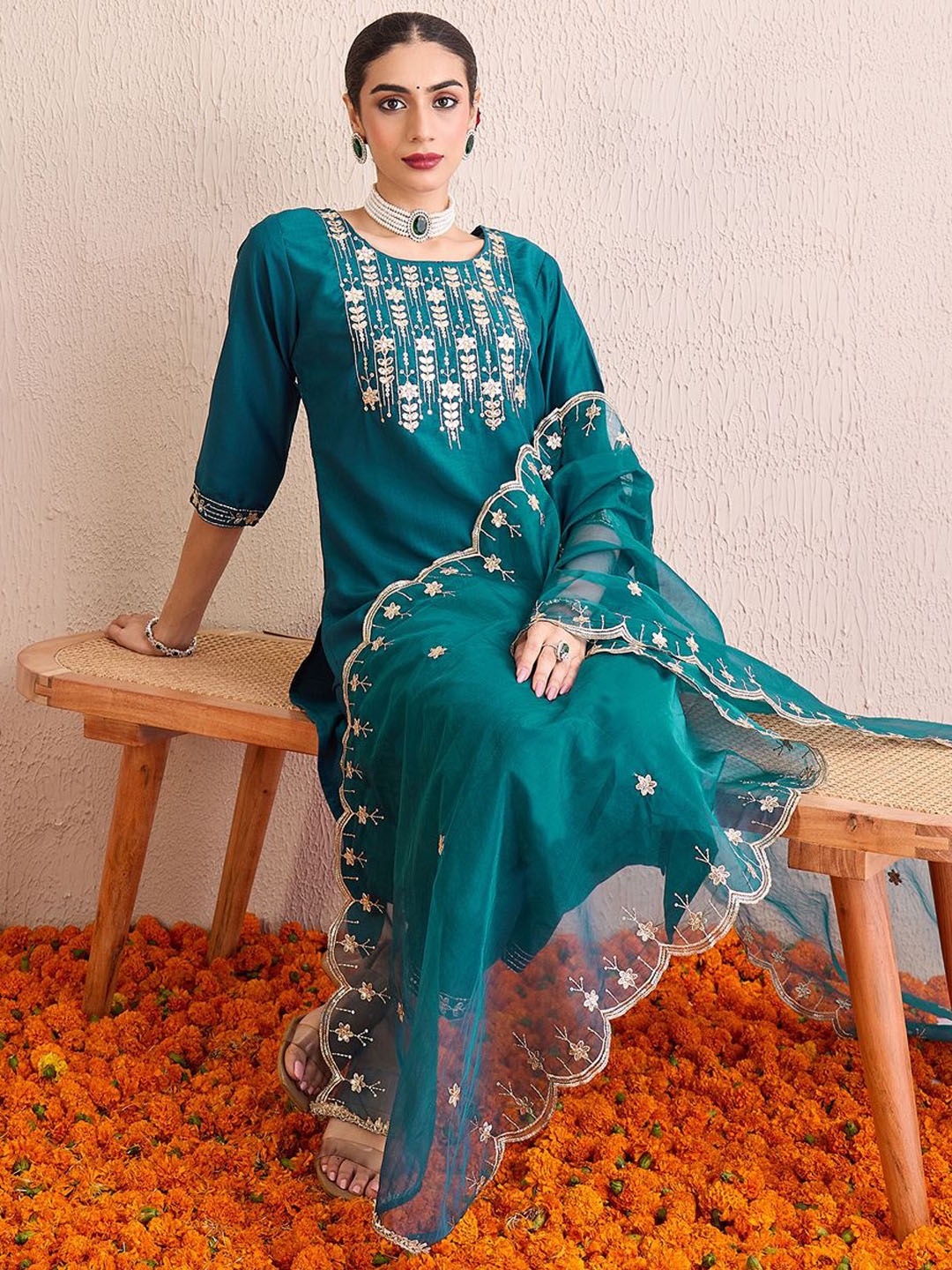 

Indo Era Women Floral Yoke Design Regular Gotta Patti Kurta with Trousers & With Dupatta, Teal