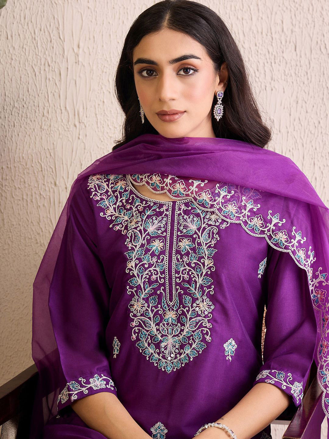 

Indo Era Women Floral Embroidered Regular Thread Work Kurta with Trousers & With Dupatta, Purple