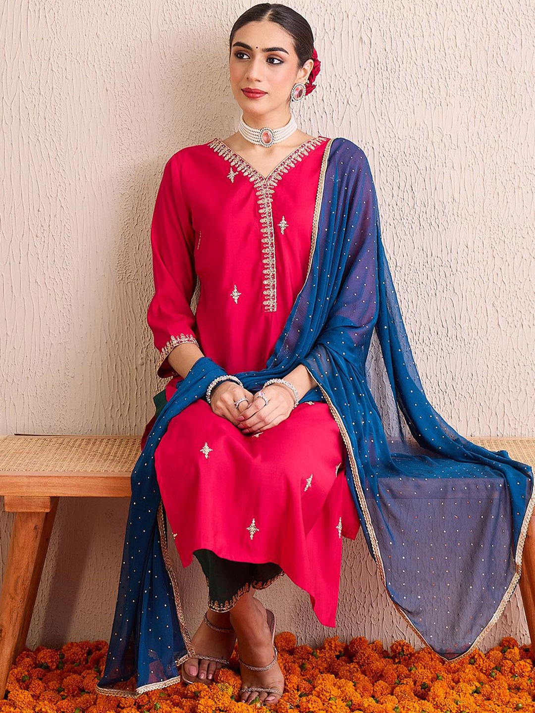 

Indo Era Women Ethnic Motifs Embroidered Regular Kurta with Trousers & With Dupatta, Magenta