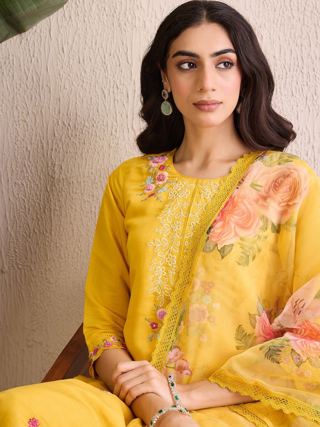 

Indo Era Women Floral Embroidered Regular Thread Work Kurta with Trousers & With Dupatta, Yellow