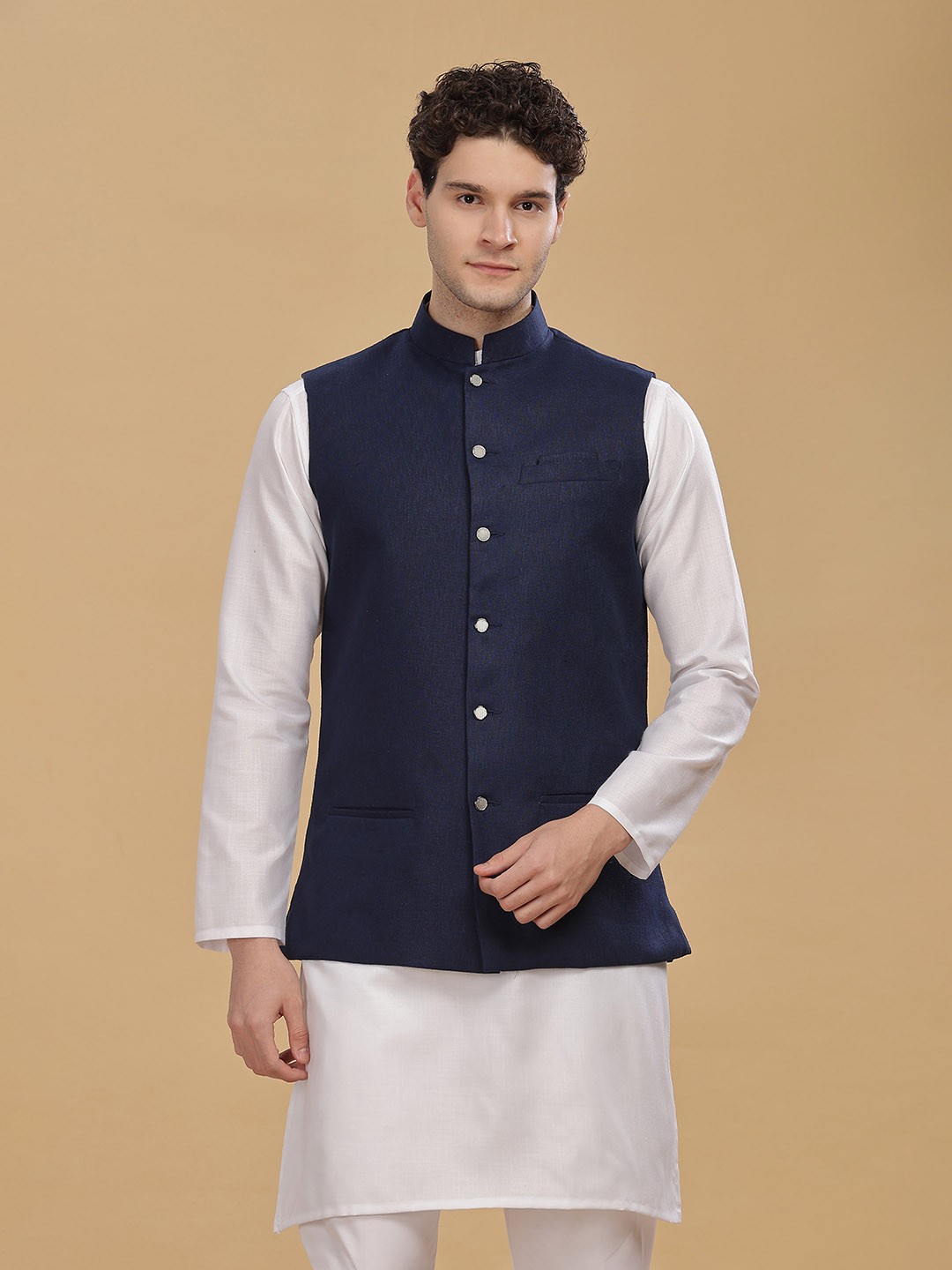 

Anouk Men Cotton Woven Nehru Jacket, Navy blue