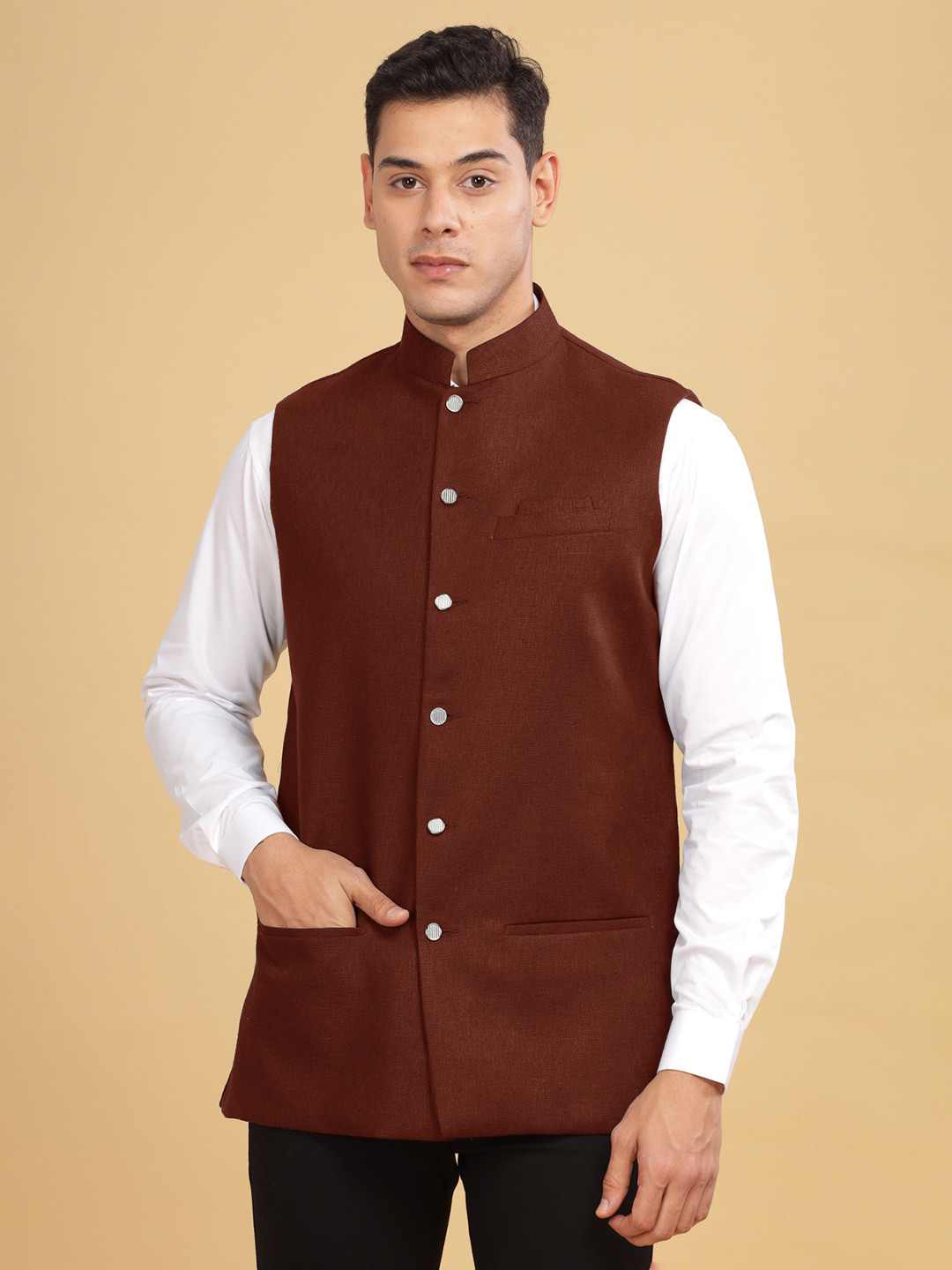 

Anouk Men Woven Cotton Nehru Jacket, Brown
