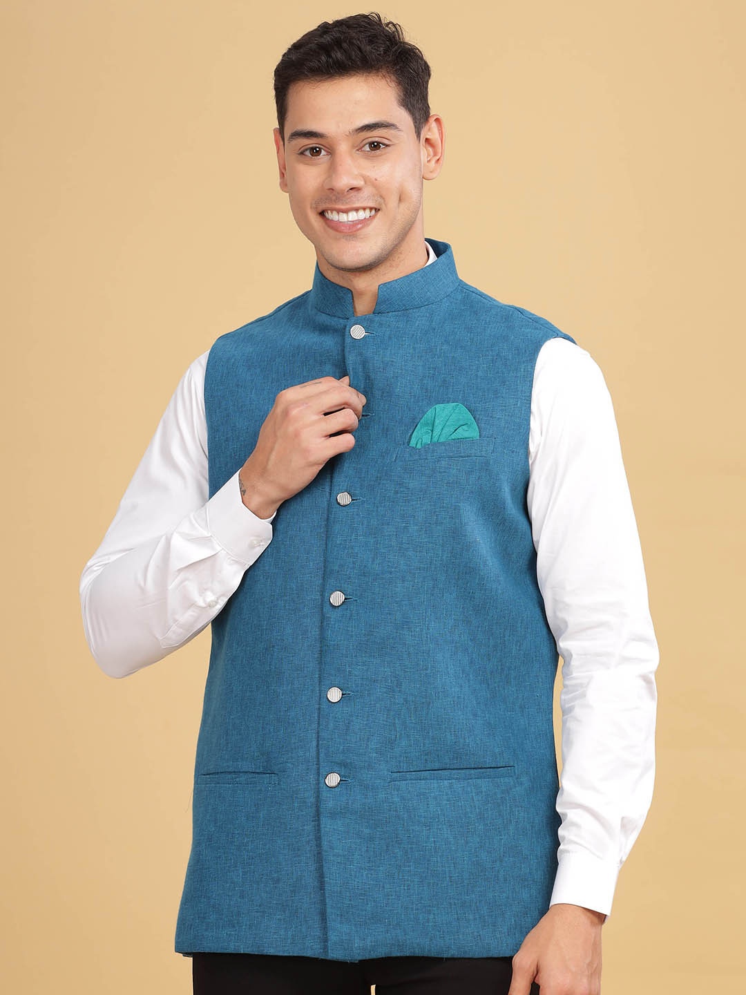 

Anouk Men Woven-Design Mandarin-Collar Nehru Jacket, Blue