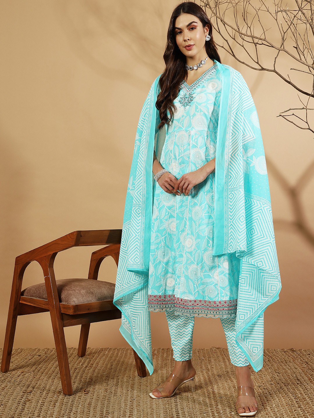 

IkDaiya Floral Printed Mirror Work V-Neck Pure Cotton Anarkali Kurta & Trouser & Dupatta, Blue