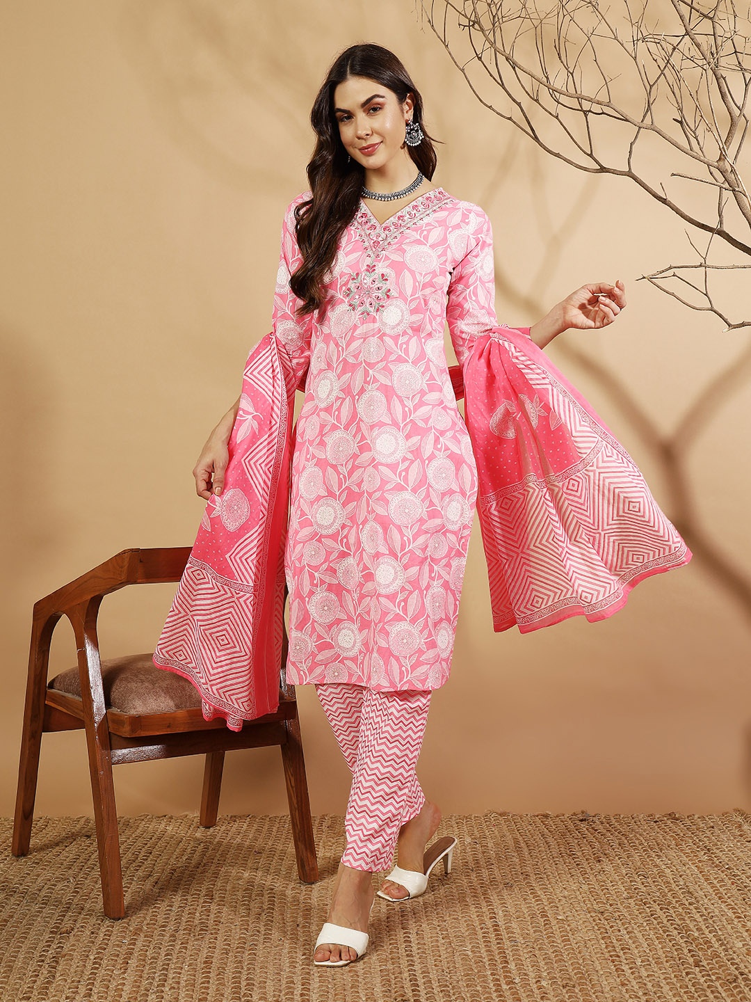 IkDaiya Floral Printed Mirror Work Pure Cotton Straight Kurta With Trousers & Dupatta, Pink