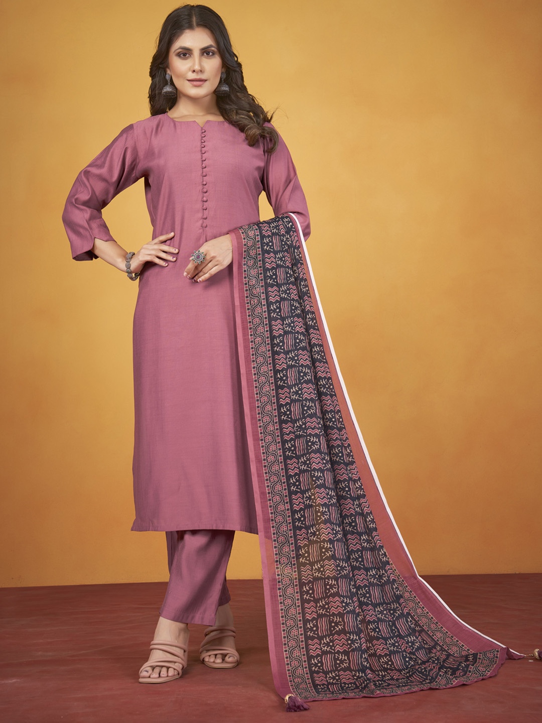 

STYLE SAMSARA Notch Neck Art Silk Regular Straight Kurta with Trousers & Dupatta, Pink