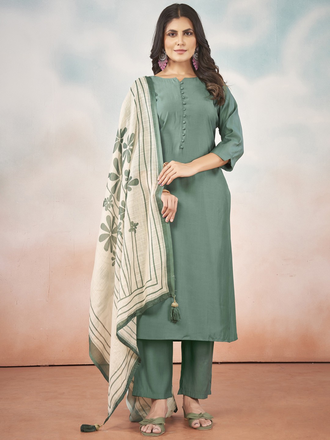 

STYLE SAMSARA Notch Neck Art Silk Regular Straight Kurta with Trousers & Dupatta, Olive