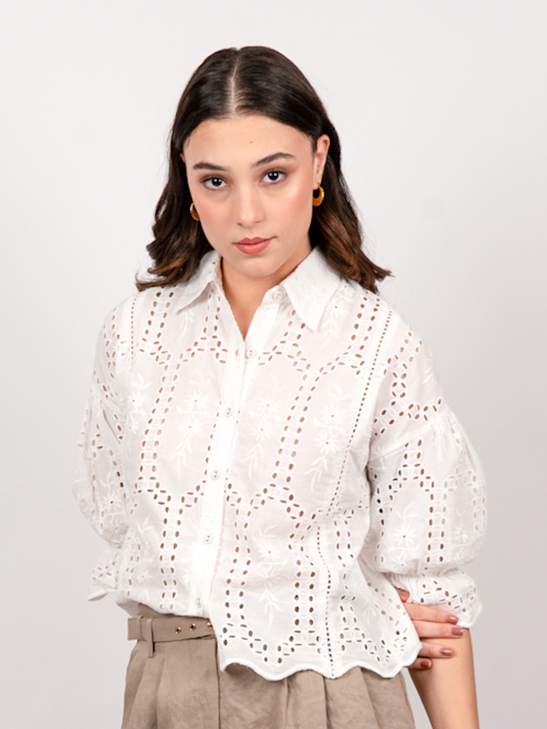 

Strong And Brave Women Semi Sheer schiffli Shirt, White