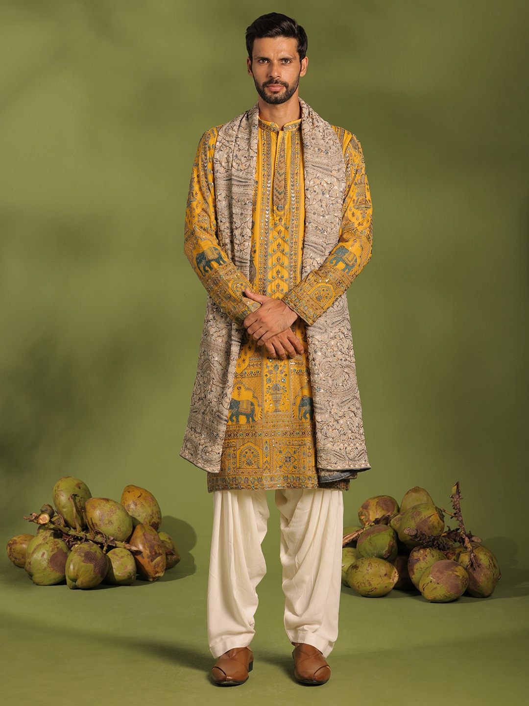 

KALPRAAG Ethnic Motifs Embroidered Mandarin Collar Sequinned Kurta With Patiala & Dupatta, Yellow