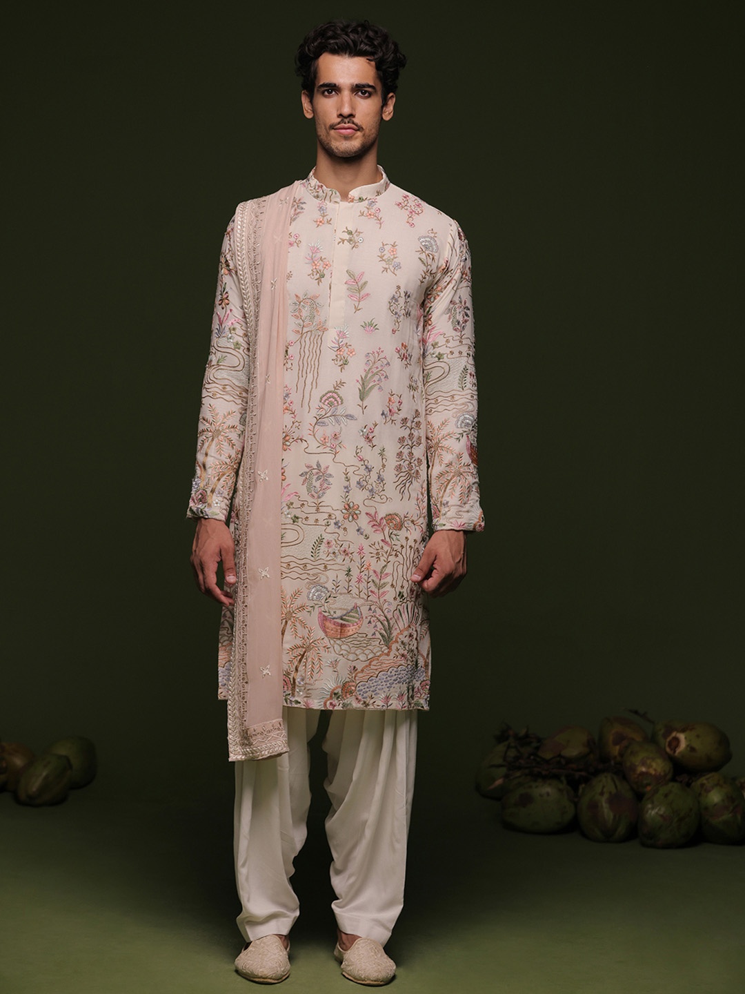 

KALPRAAG Muni Floral Embroidered Sequined Straight Kurta With Patiala & Dupatta, Off white