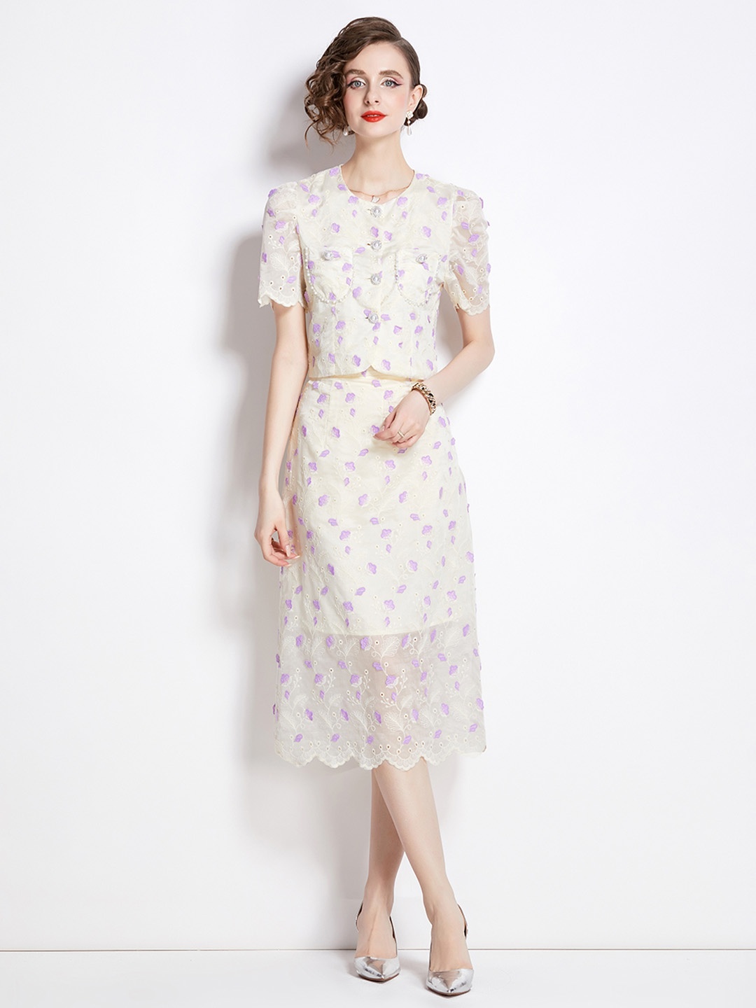 

JC Collection Printed Top With Skirt Co-Ords Set, Purple
